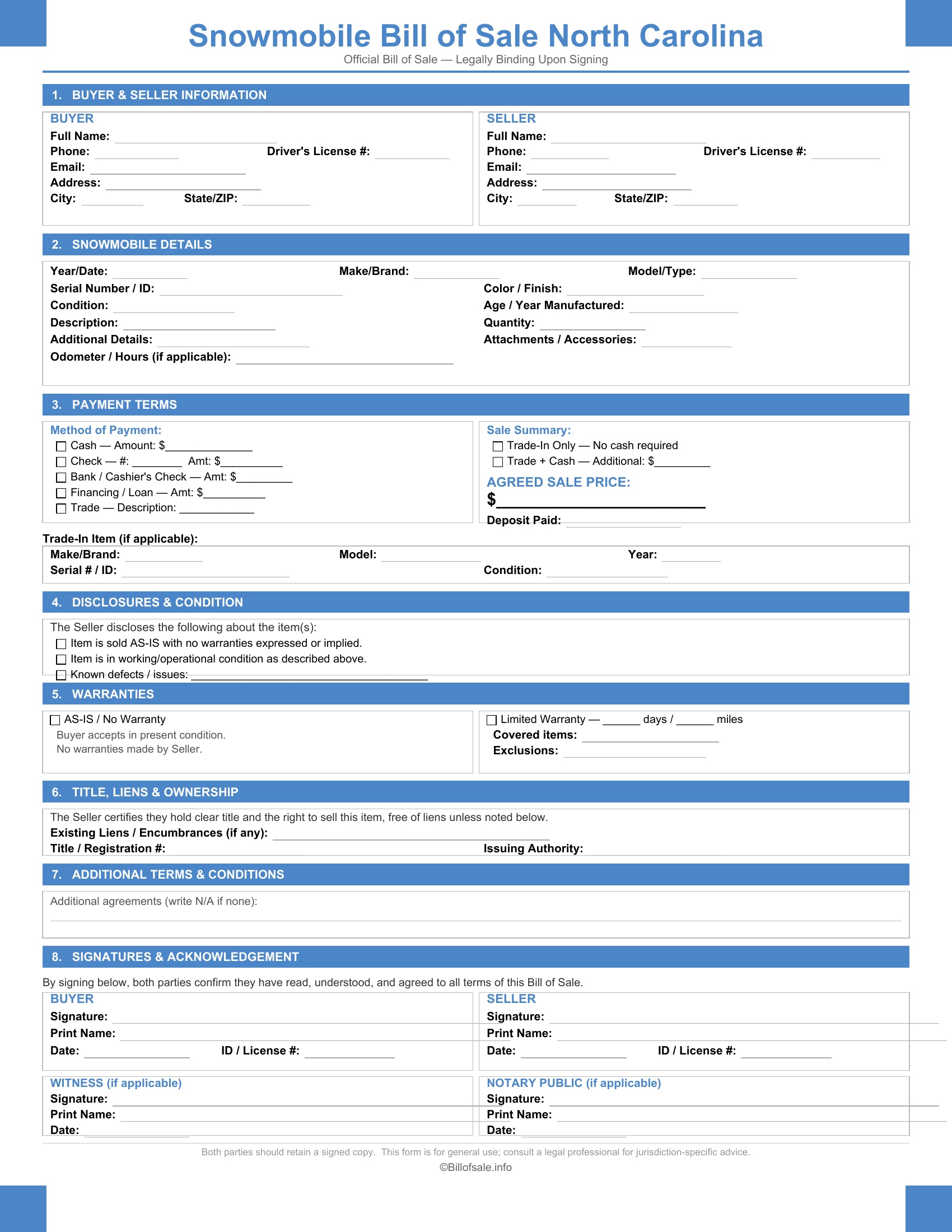 North Carolina Snowmobile Bill of Sale
