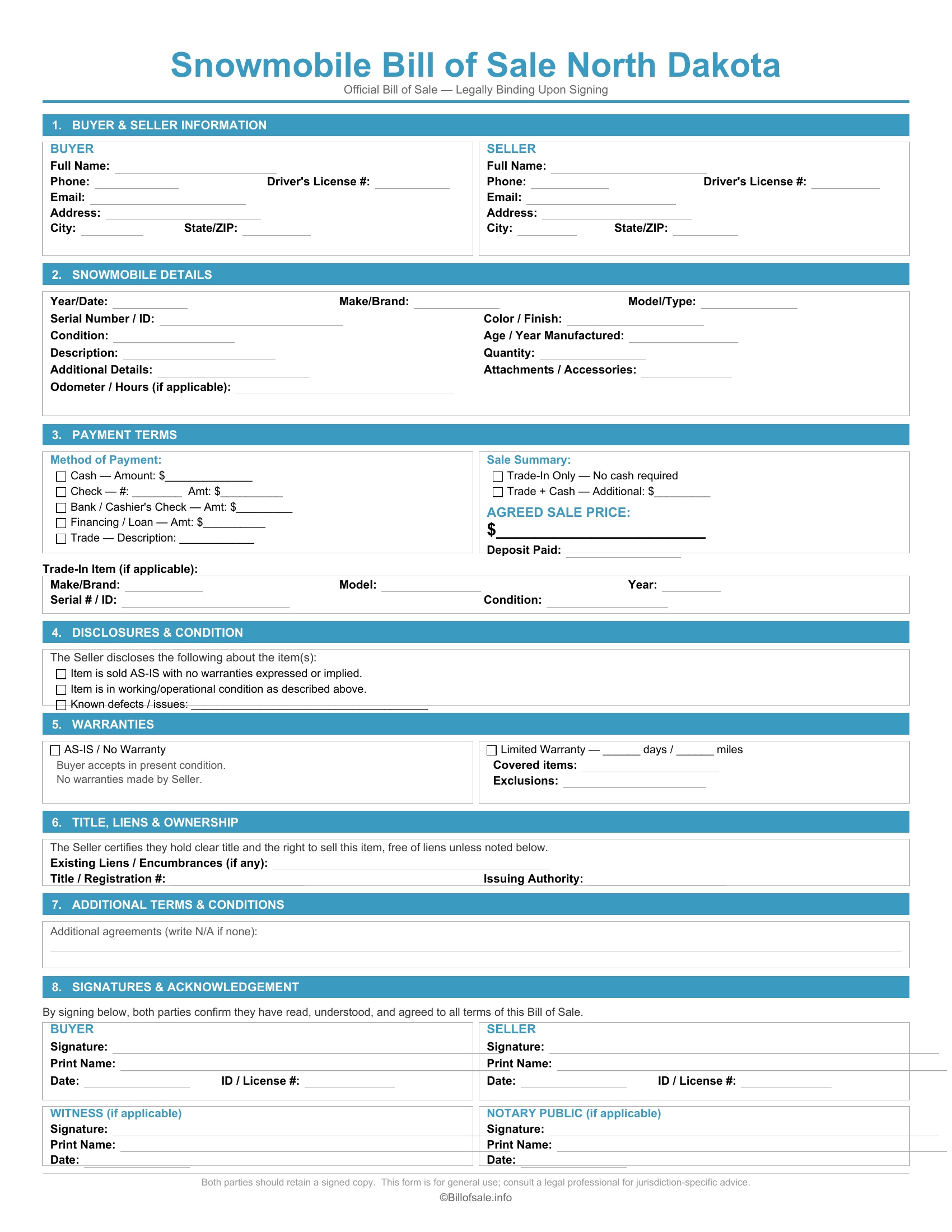 North Dakota Snowmobile Bill of Sale
