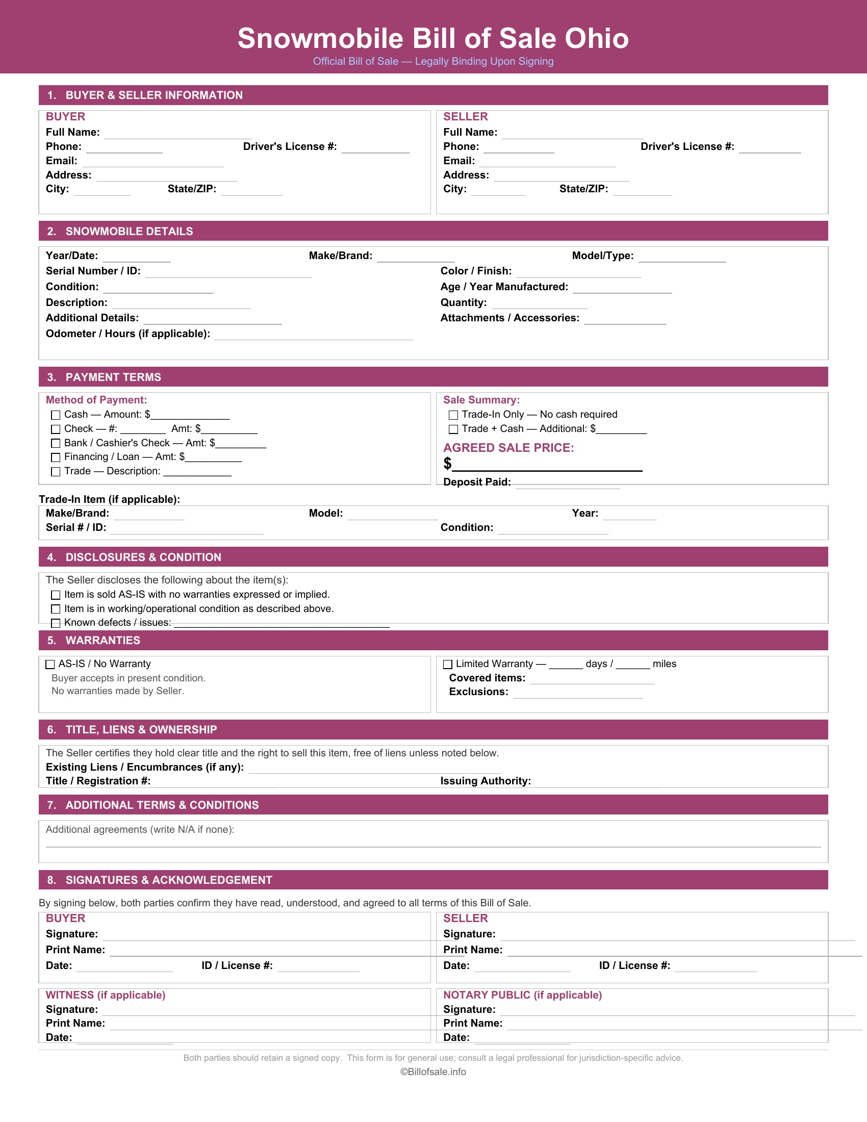 Ohio Snowmobile Bill of Sale