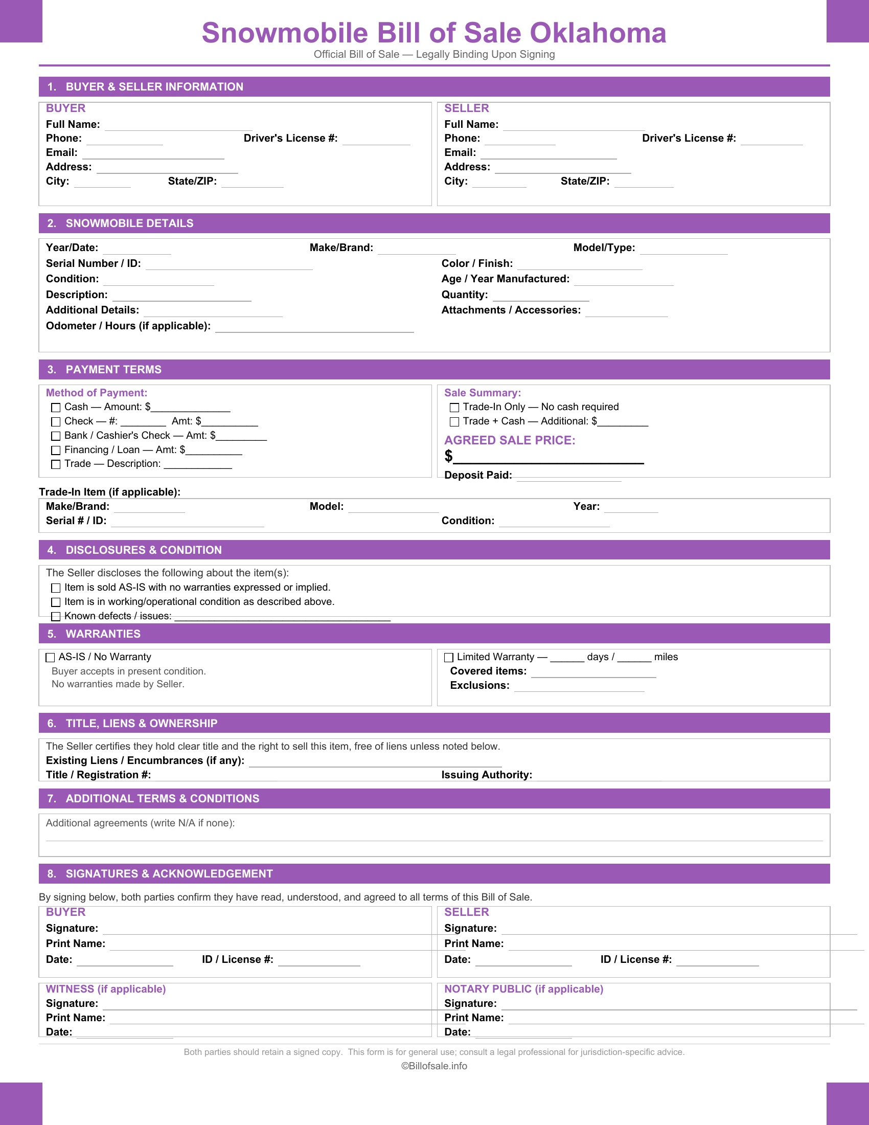 Oklahoma Snowmobile Bill of Sale