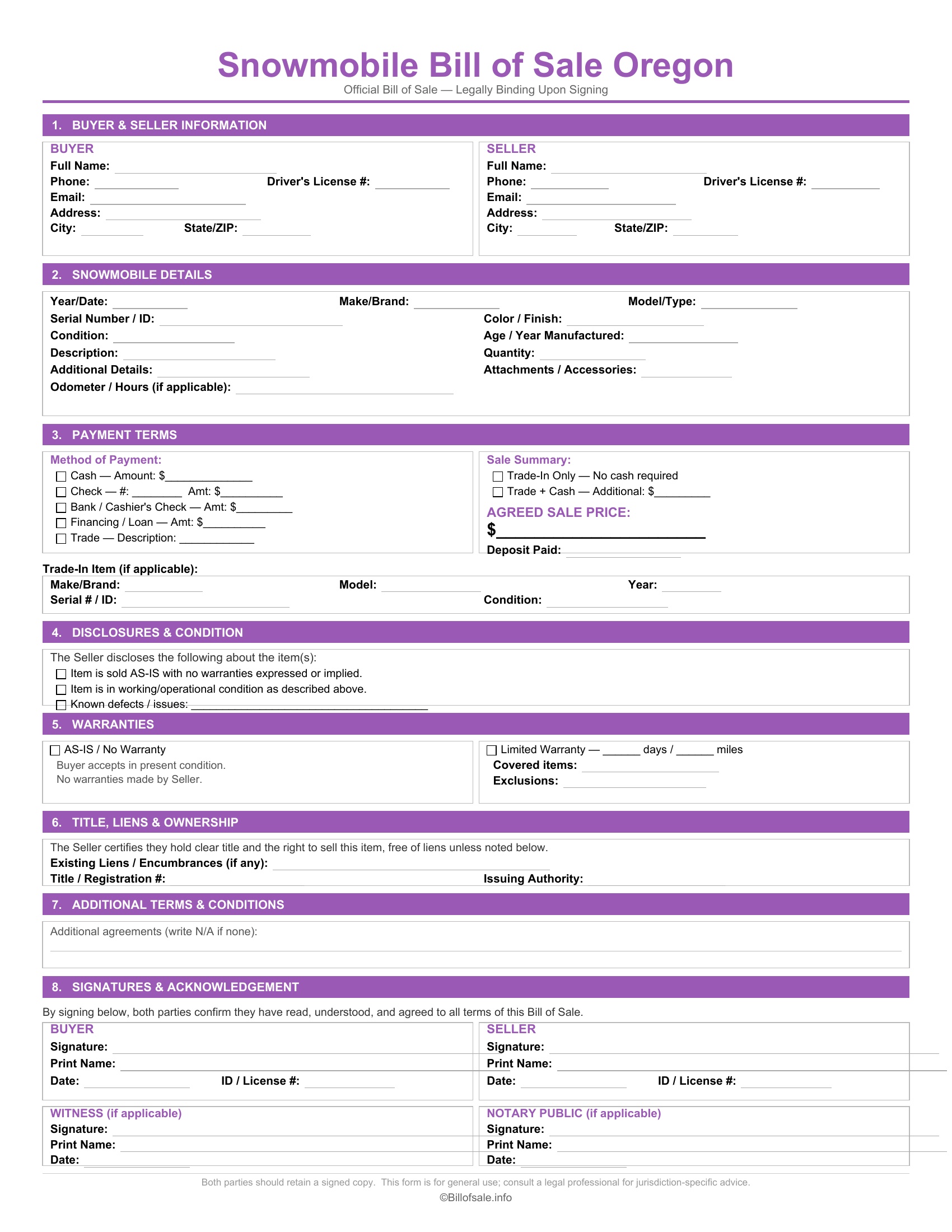 Oregon Snowmobile Bill of Sale
