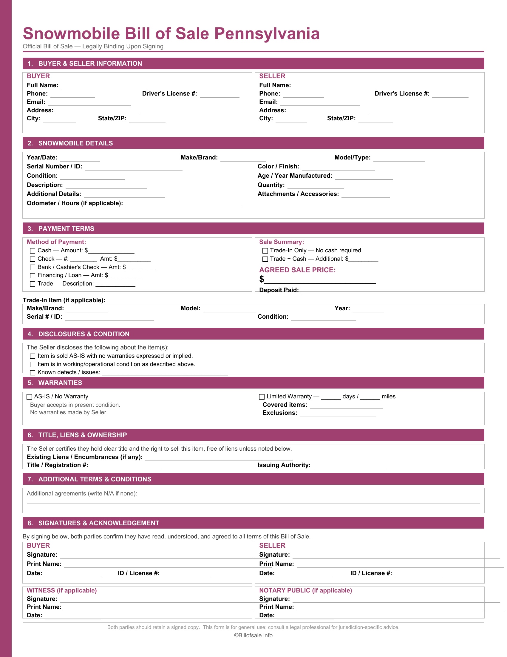 Pennsylvania Snowmobile Bill of Sale