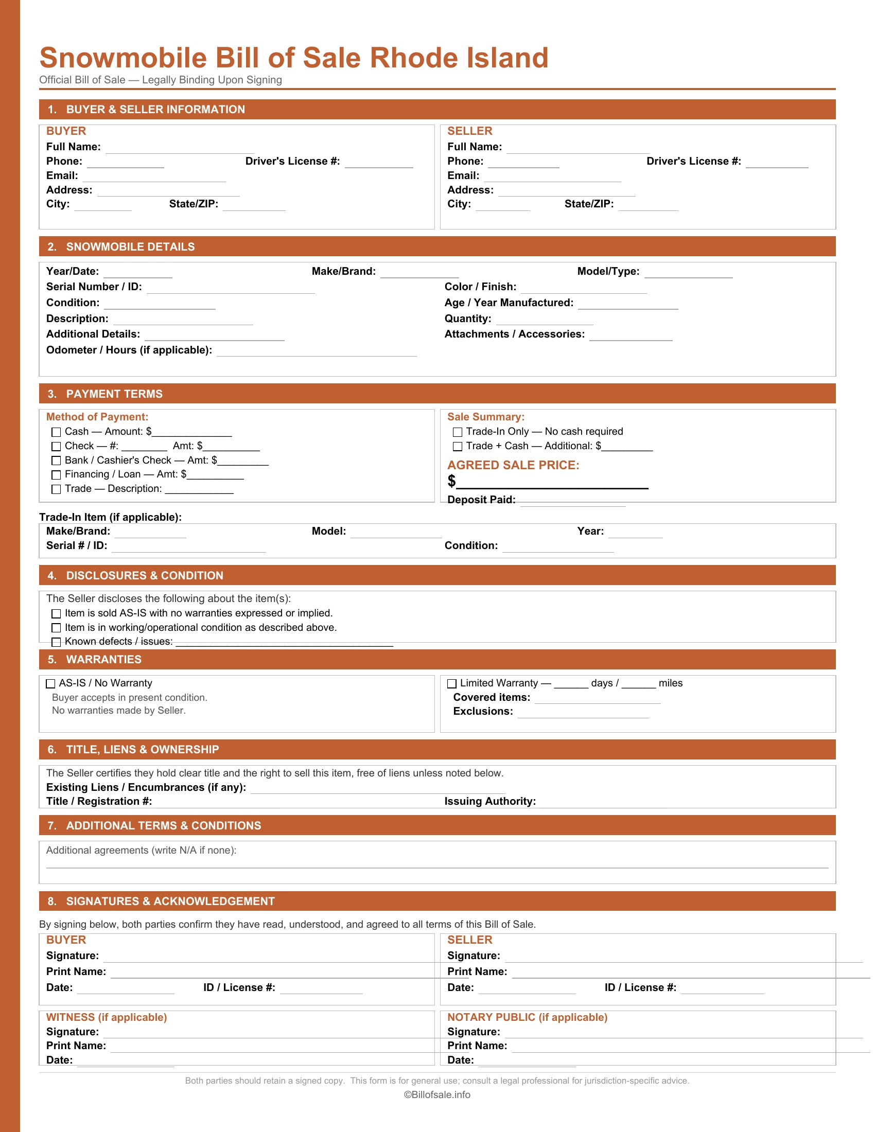 Rhode Island Snowmobile Bill of Sale