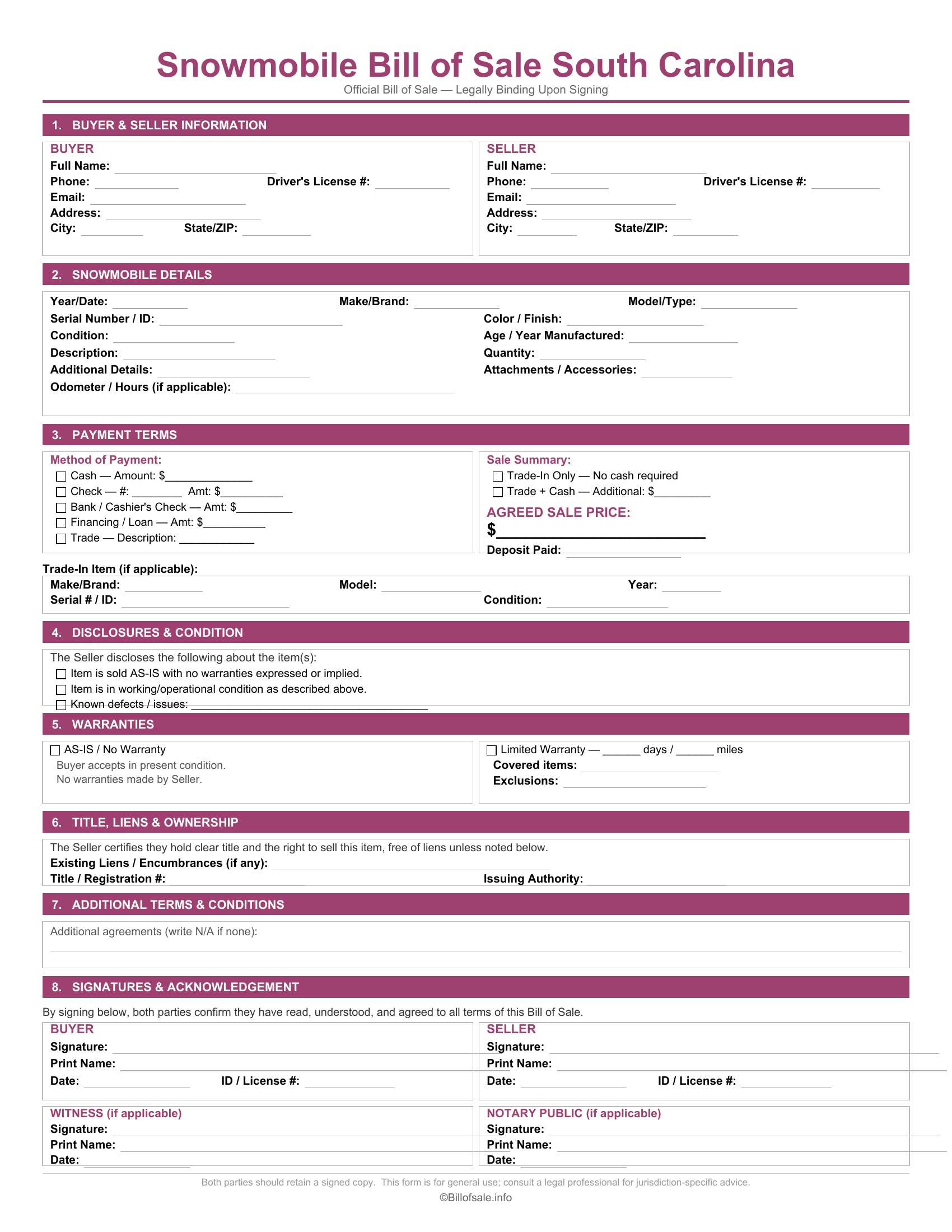 South Carolina Snowmobile Bill of Sale