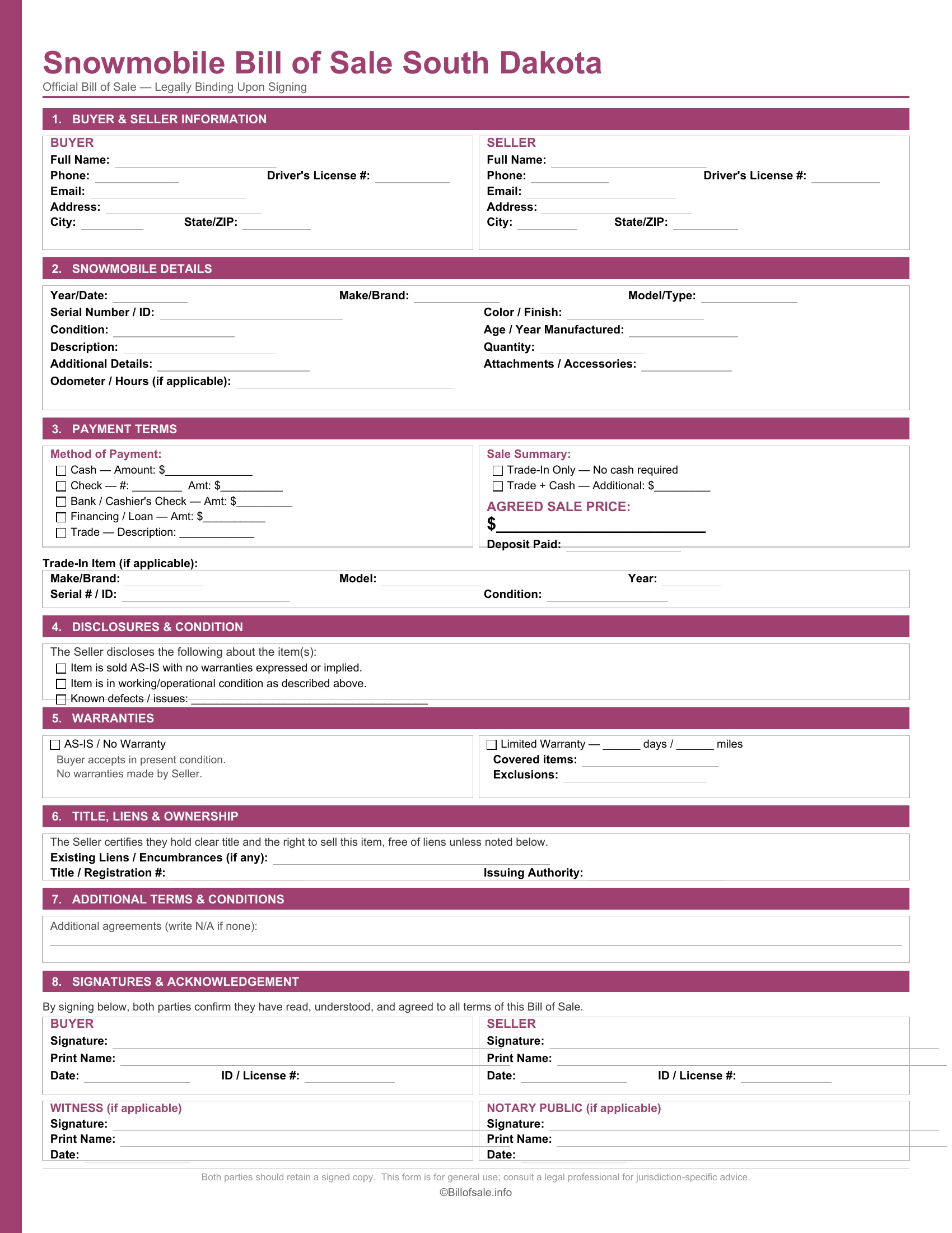 South Dakota Snowmobile Bill of Sale