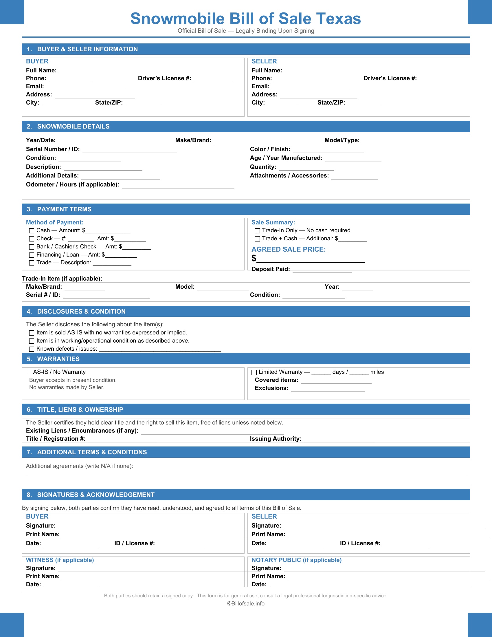 Texas Snowmobile Bill of Sale