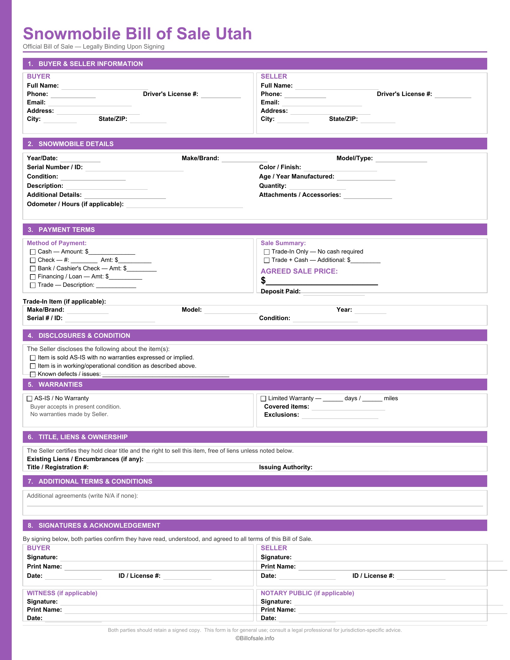 Utah Snowmobile Bill of Sale
