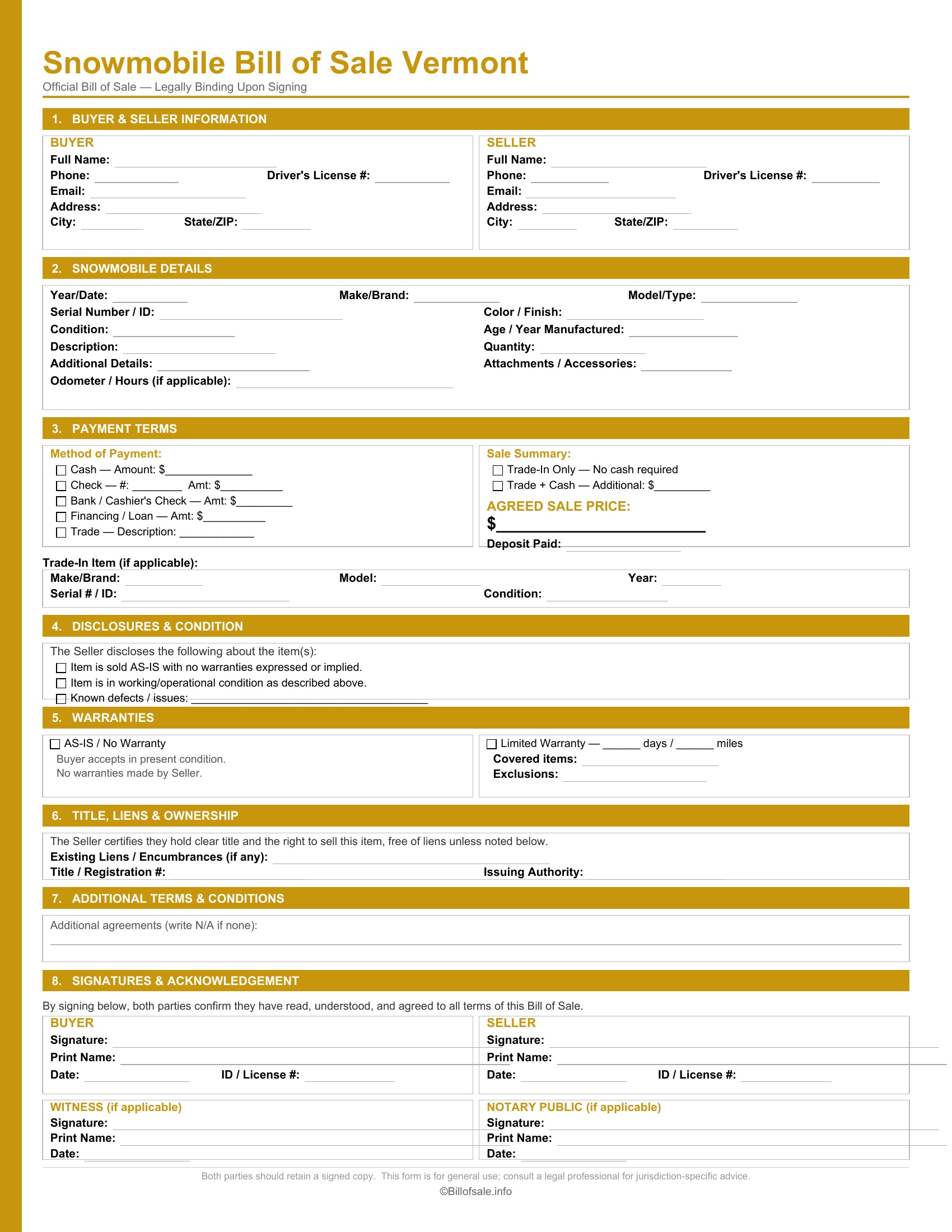 Vermont Snowmobile Bill of Sale