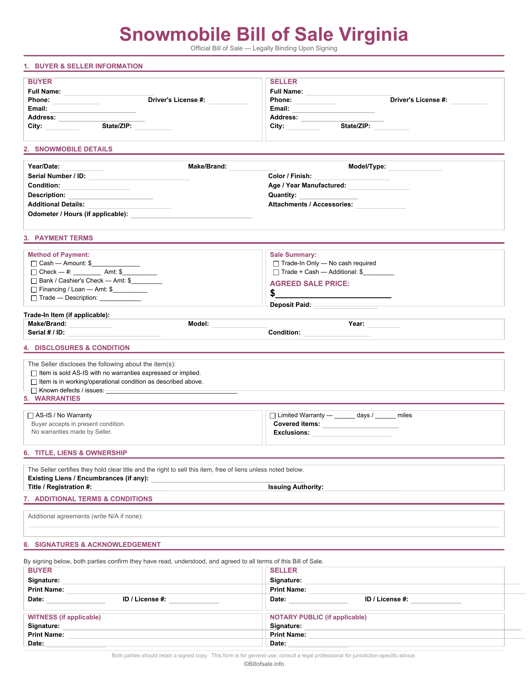 Virginia Snowmobile Bill of Sale