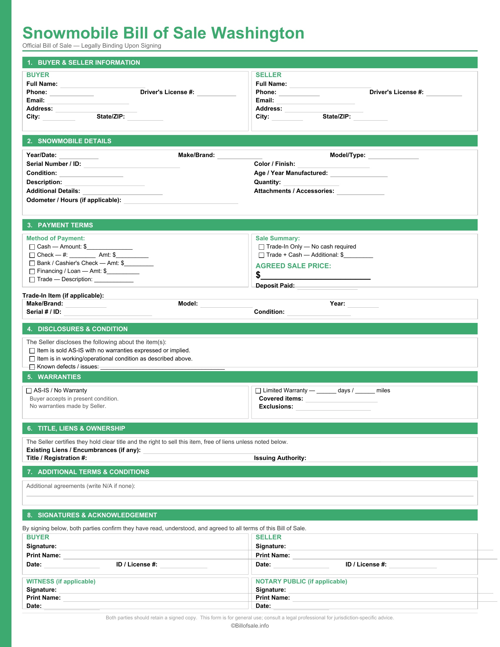 Washington Snowmobile Bill of Sale