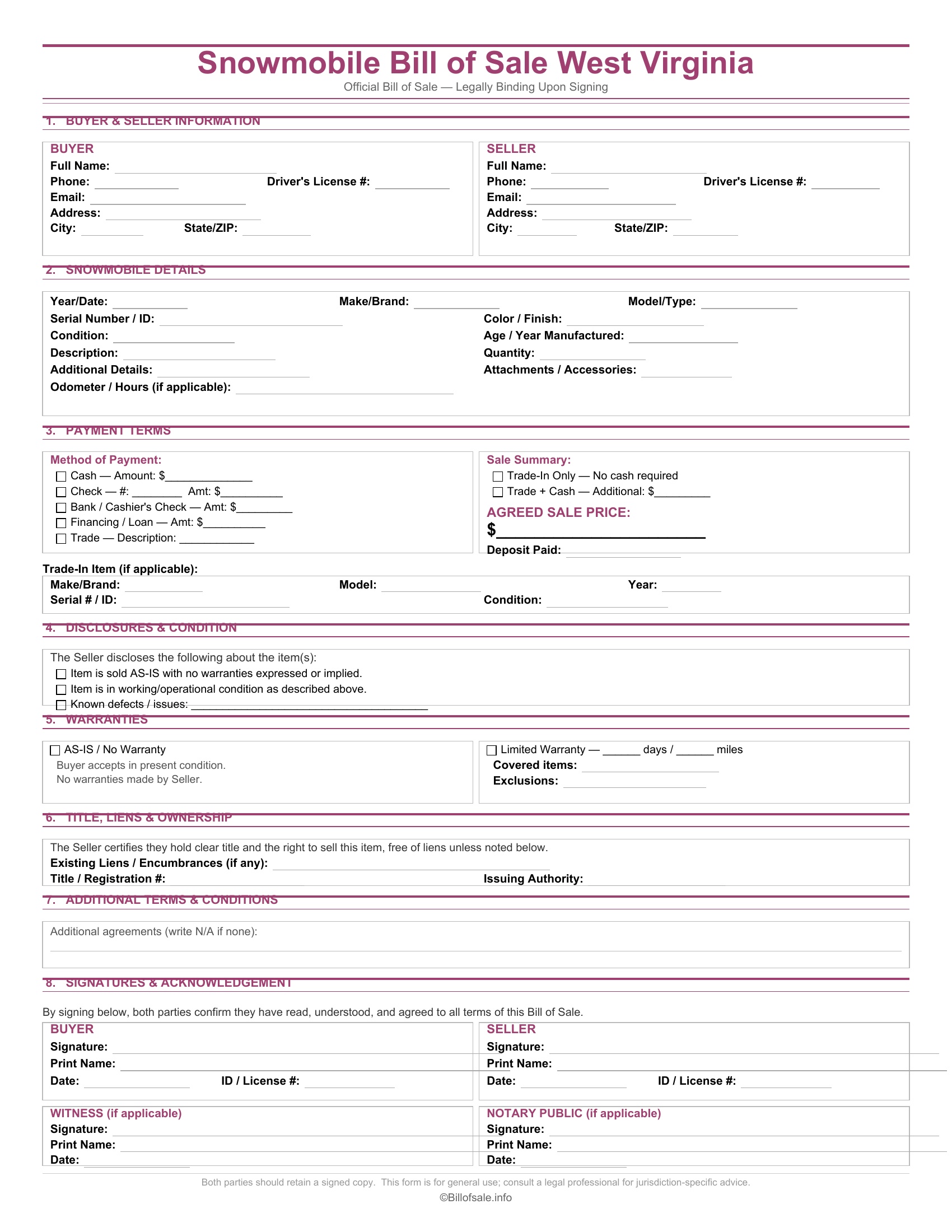 West Virginia Snowmobile Bill of Sale