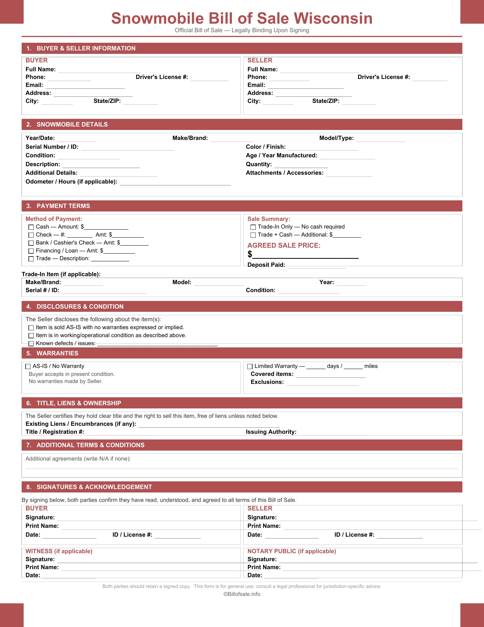 Wisconsin Snowmobile Bill of Sale