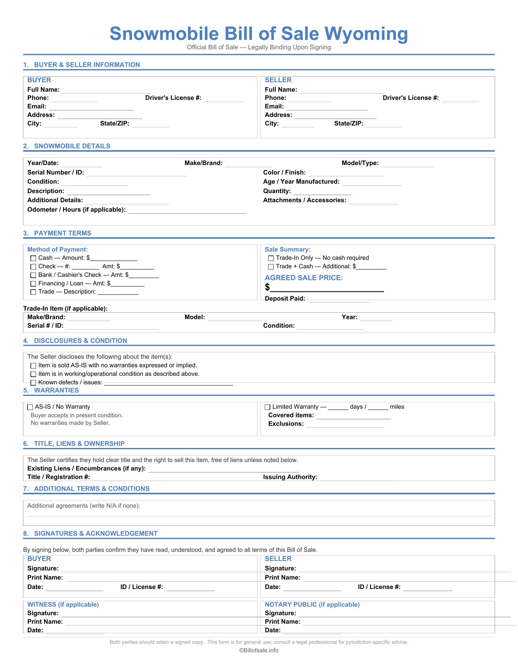 Wyoming Snowmobile Bill of Sale