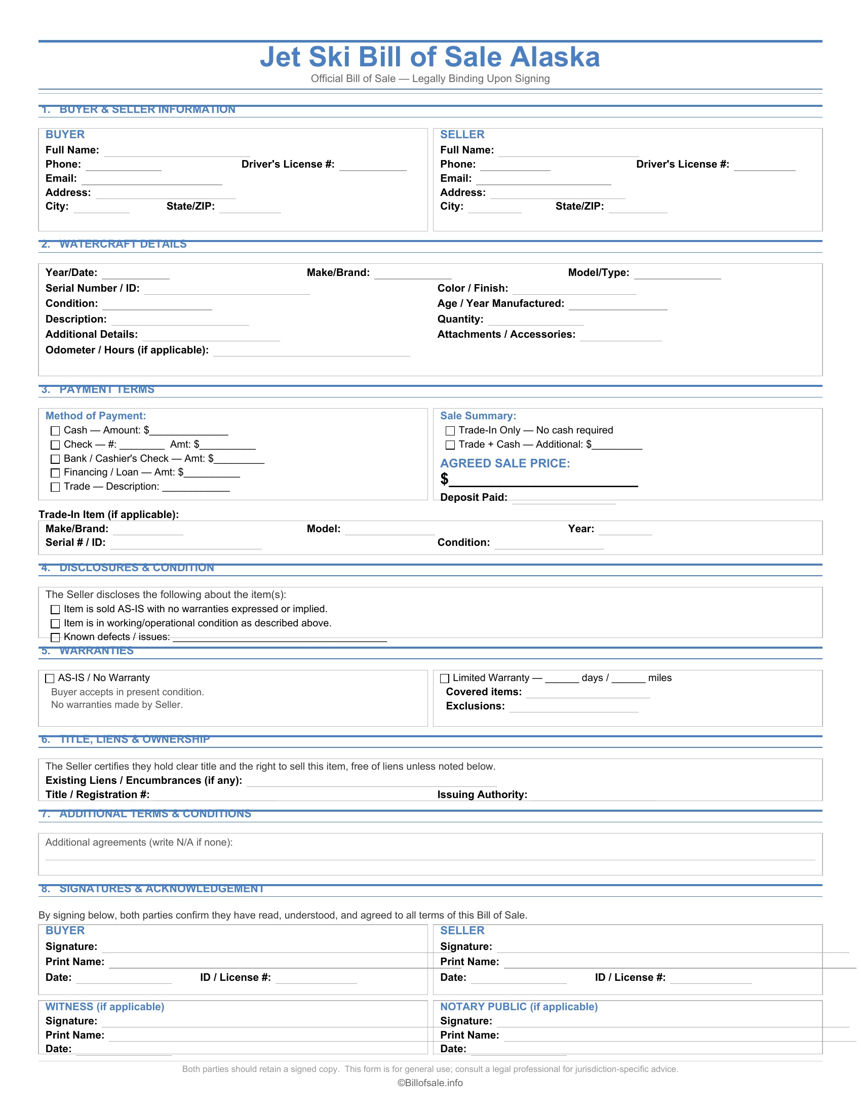 Alaska Jet Ski Bill of Sale
