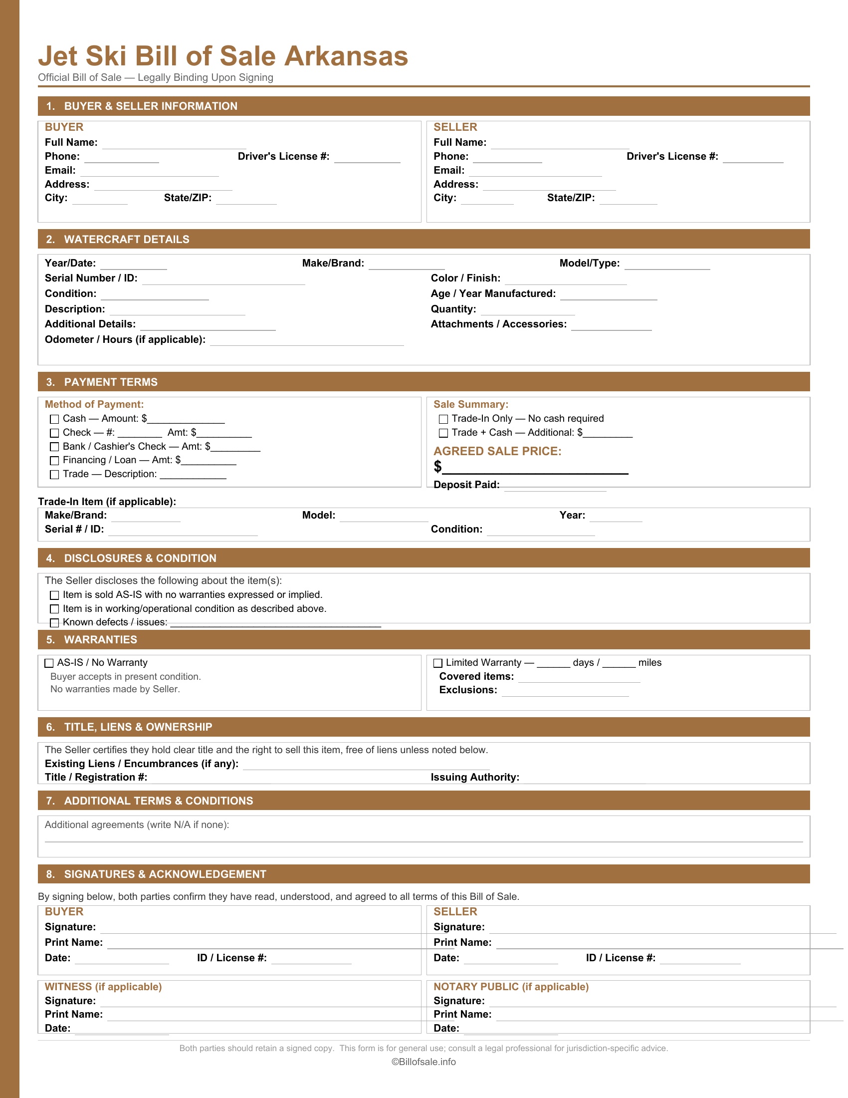 Arkansas Jet Ski Bill of Sale