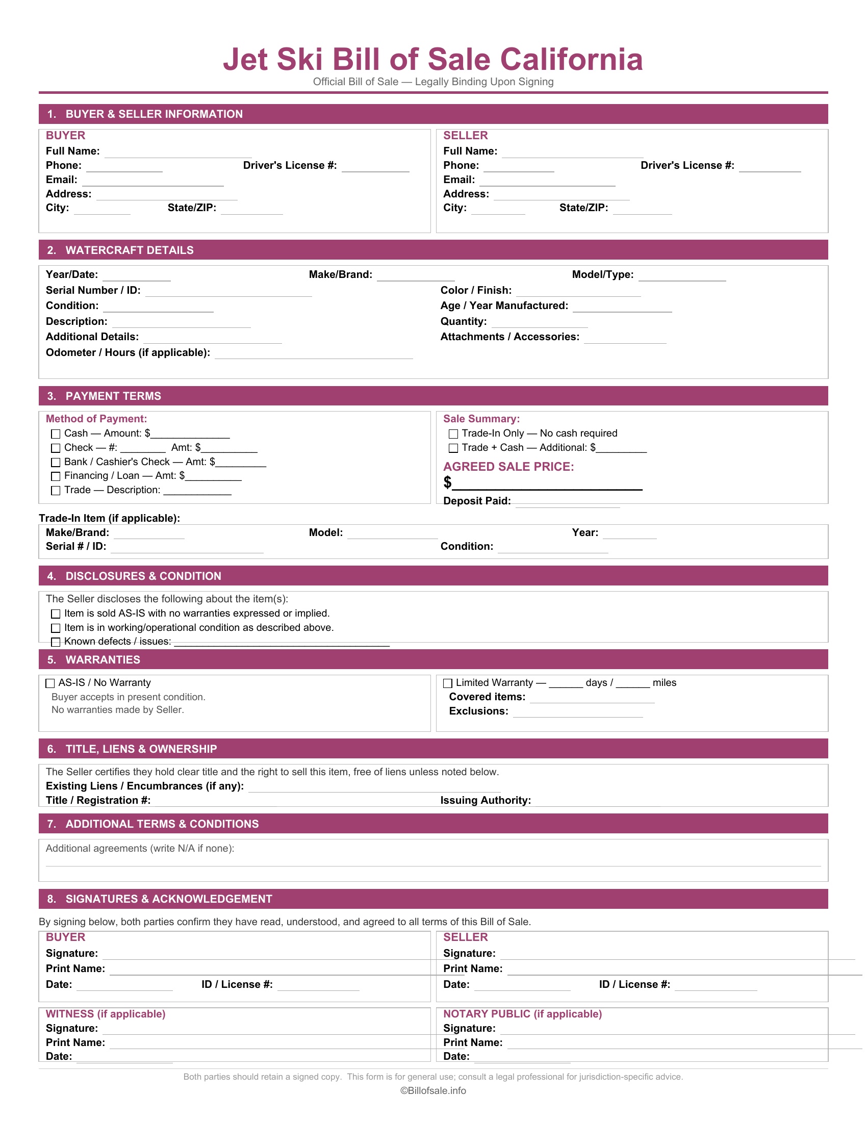 California Jet Ski Bill of Sale