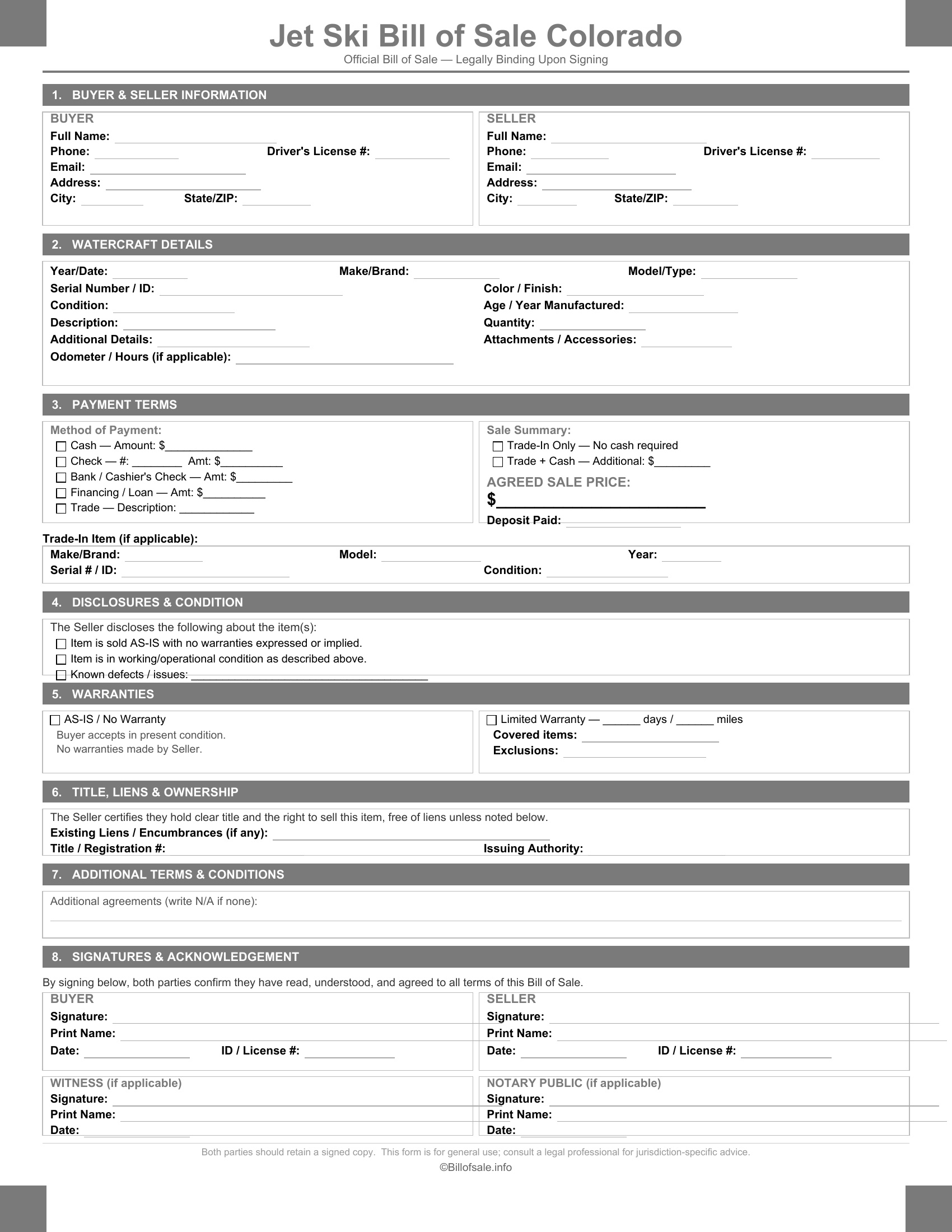 Colorado Jet Ski Bill of Sale