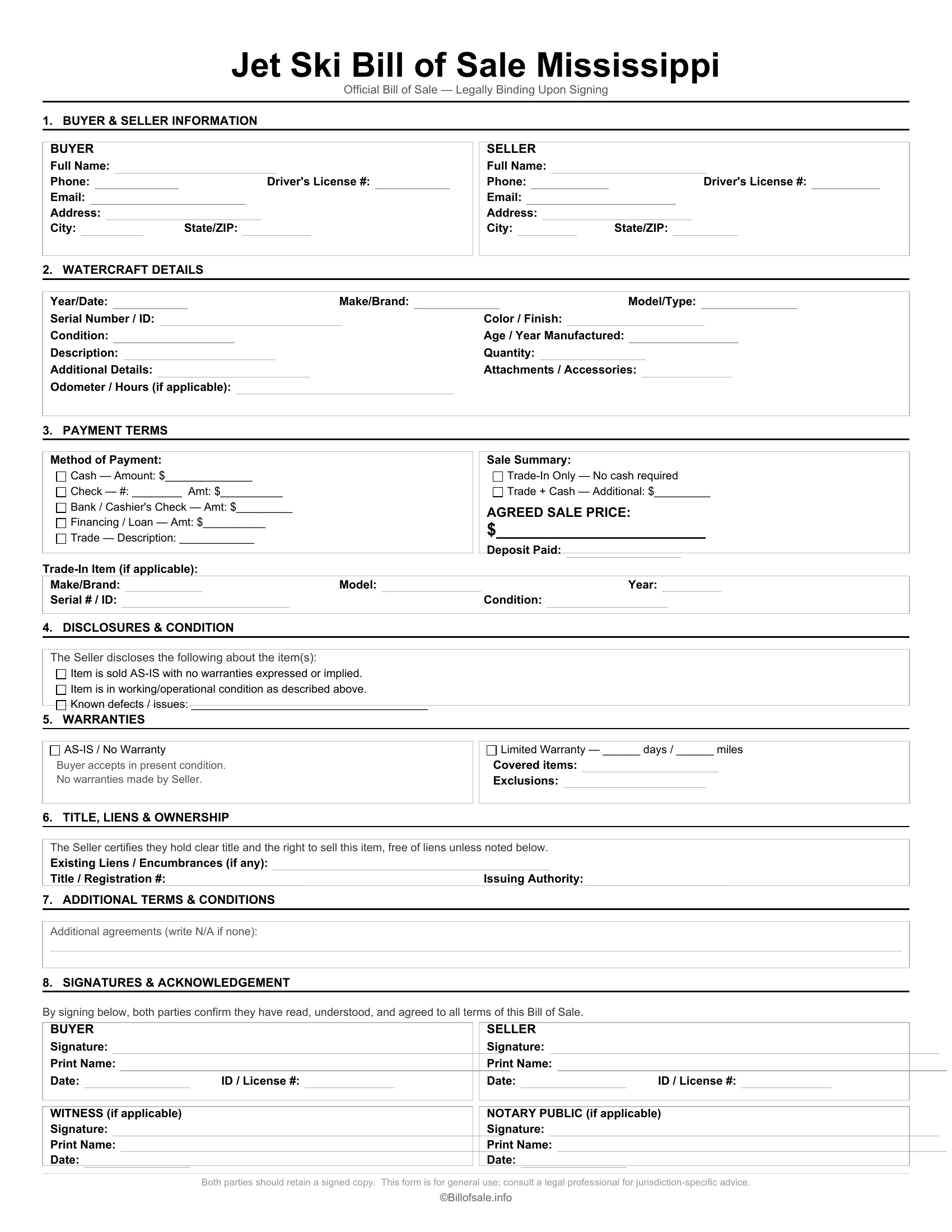 Mississippi Jet Ski Bill of Sale