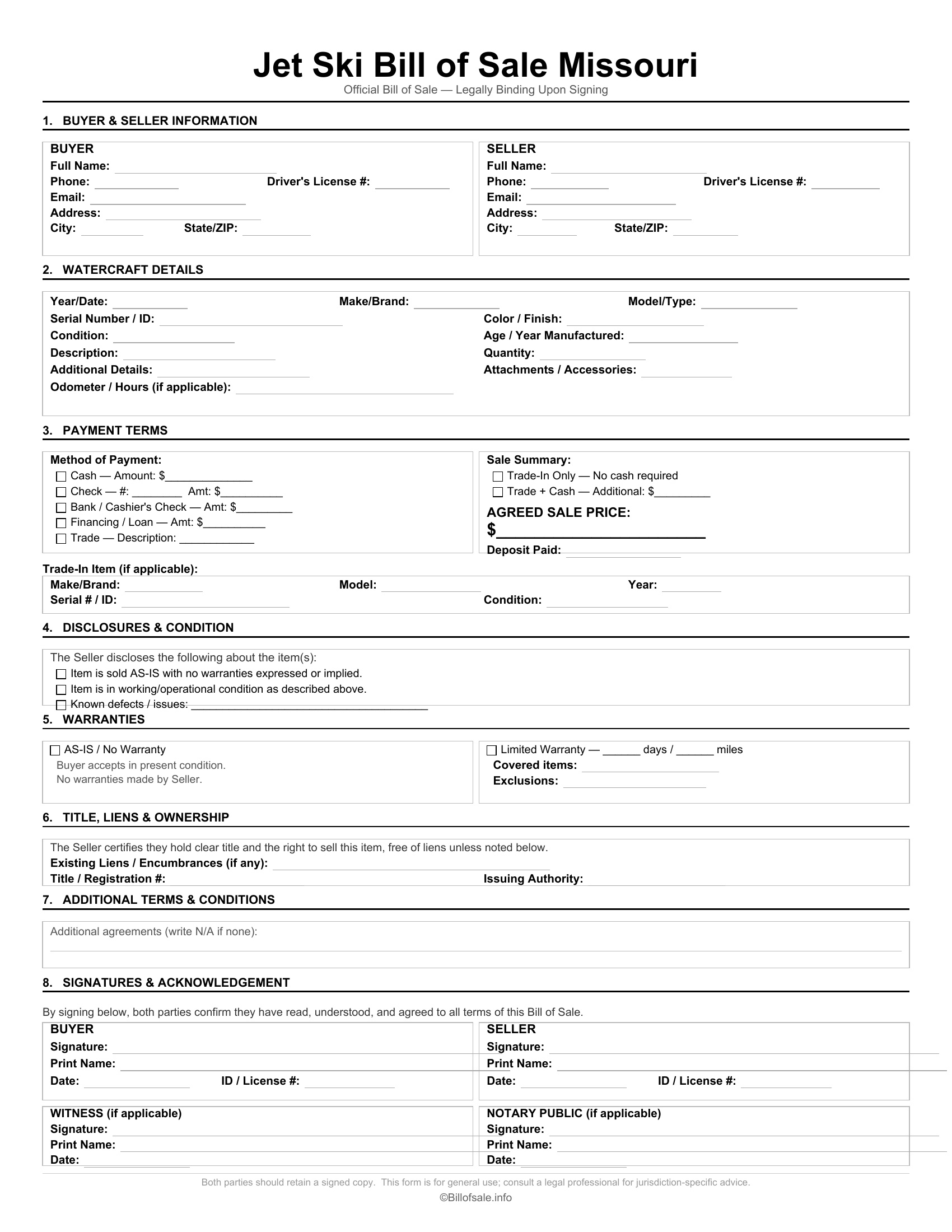 Missouri Jet Ski Bill of Sale