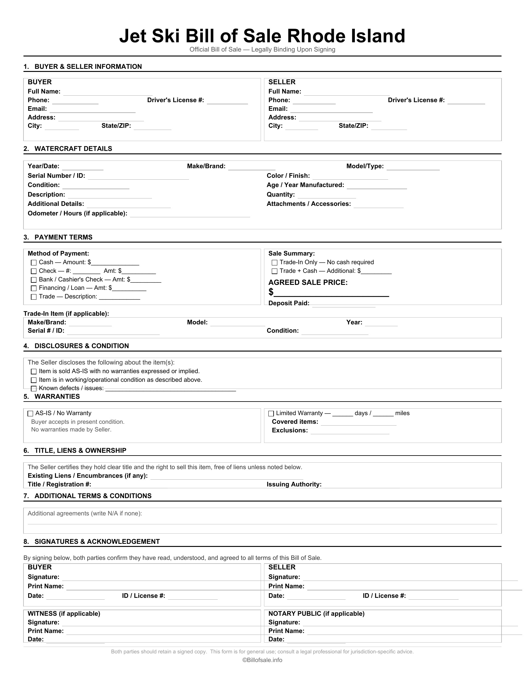 Rhode Island Jet Ski Bill of Sale