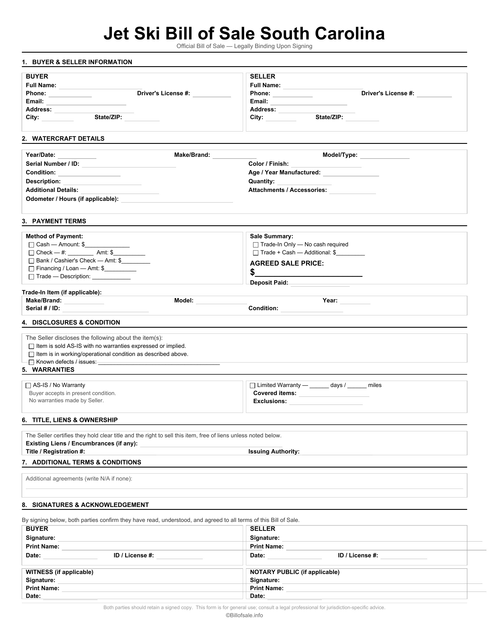 South Carolina Jet Ski Bill of Sale