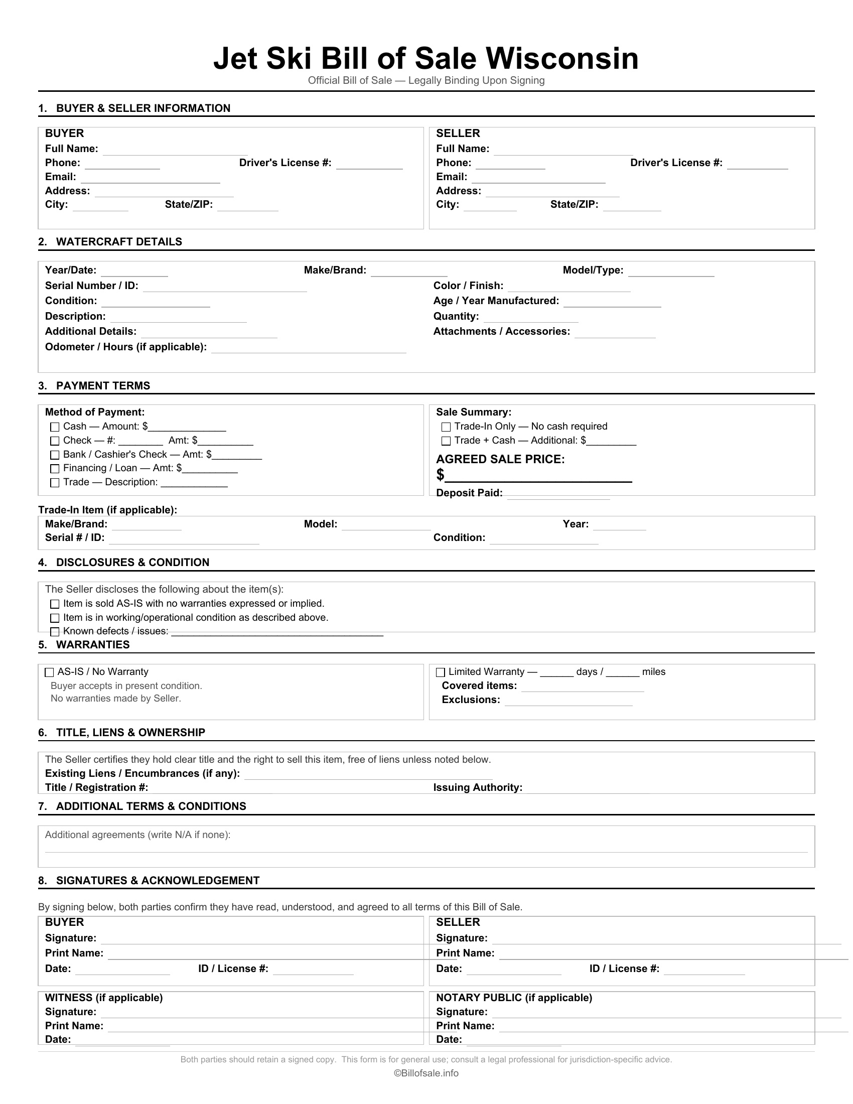 Wisconsin Jet Ski Bill of Sale